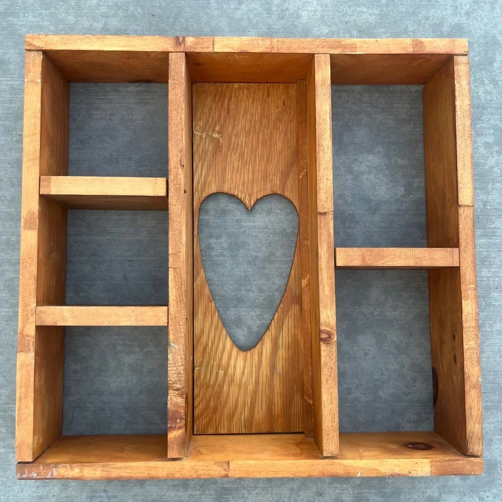 Vintage Rustic Wooden Heart Cutout Shadow Box Wall Shelf Curio Display Case